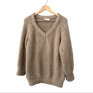 Sadie & Sage Oatmeal Chunky Wool Blend Open Stitch Knit V-Neck Oversized Sweater